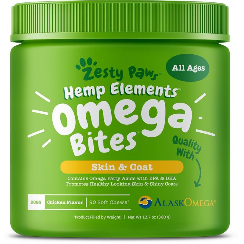 Zesty Paws Hemp Elements Omega Bites Skin Coat Supplement for Dogs Chicken Flavor 90 soft chews